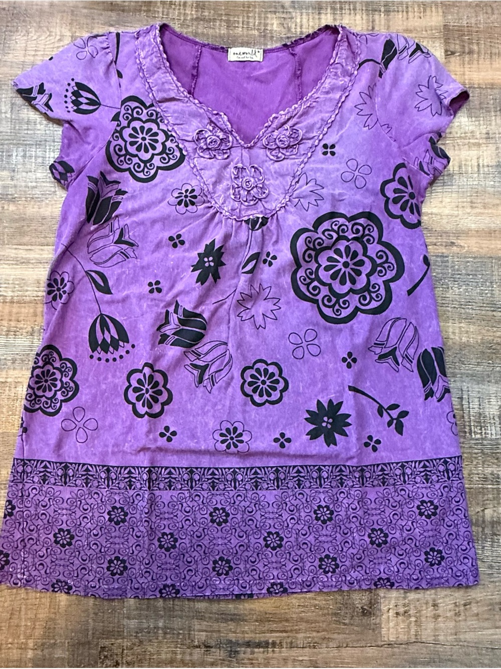 One World Purple Boho Tunic Top Floral Festival Cottagecore Medium